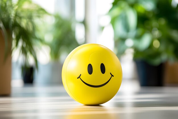 Positivity in the workplace demonstrated by a yellow smiling ball in the office interior promoting