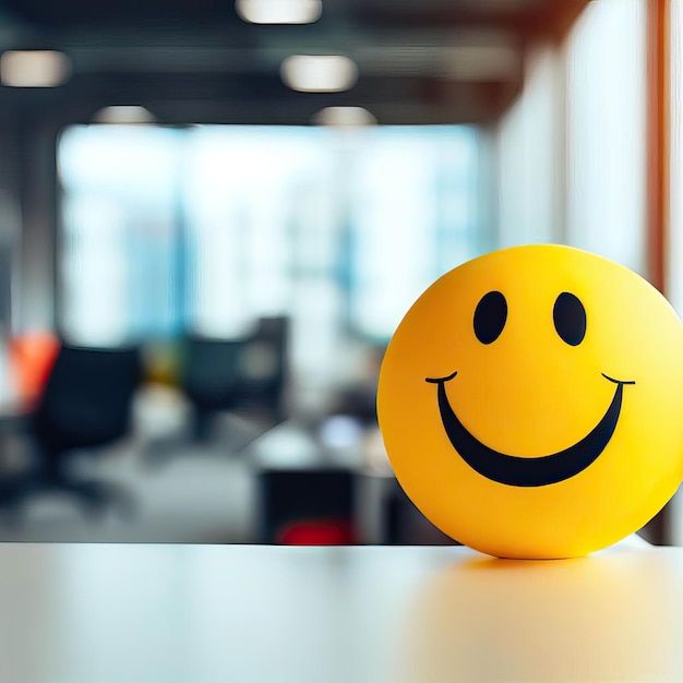 Positivity in the workplace with a yellow smiling smiley ball in the office interior Generative AI