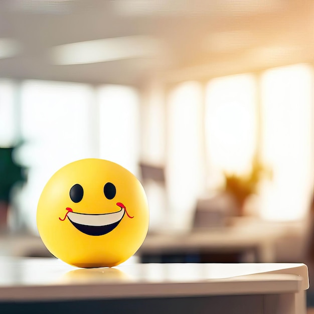 Positivity in the workplace with a yellow smiling smiley ball in the office interior Generative AI