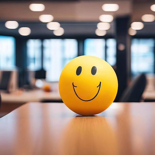 Positivity in the workplace with a yellow smiling smiley ball in the office interiorGenerative AI