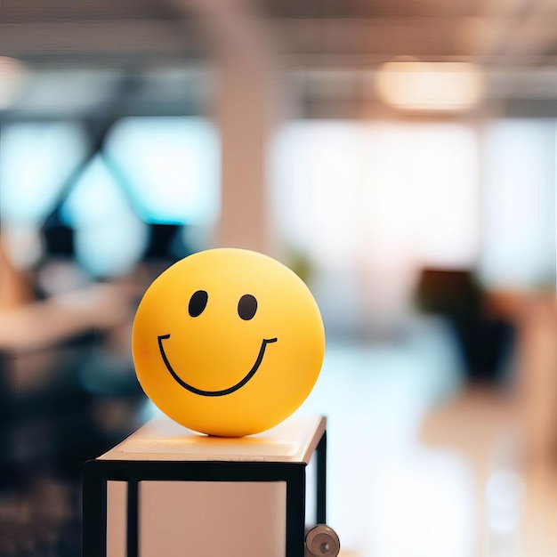 Positivity in the workplace with a yellow smiling smiley ball in the office interiorGenerative AI