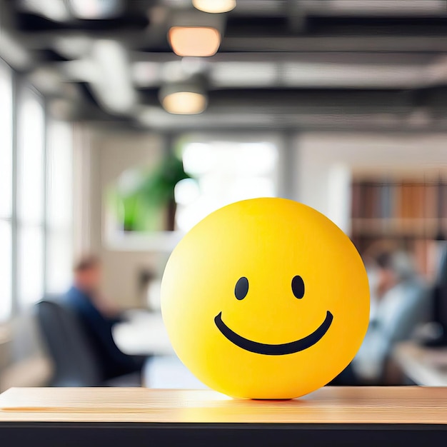 Positivity in the workplace with a yellow smiling smiley ball in the office interiorGenerative AI