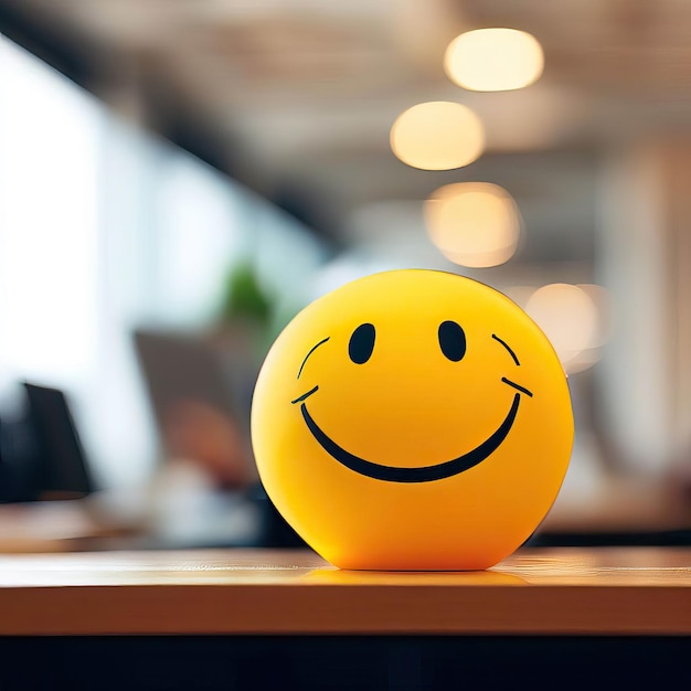 사무실 인테리어에 노란색 웃는 미소 공으로 직장에서 긍정적 인 인공지능