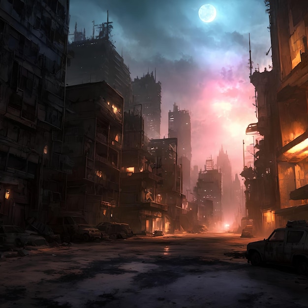 Post Apocalyps stad 's nachts generatieve kunst door AI