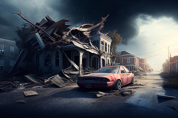 Post apocalypse background with destroyed cars on road after military action illustration.