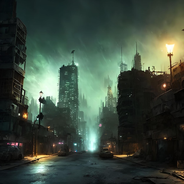 Постапокалиптический город ночью, генеративное искусство от AI