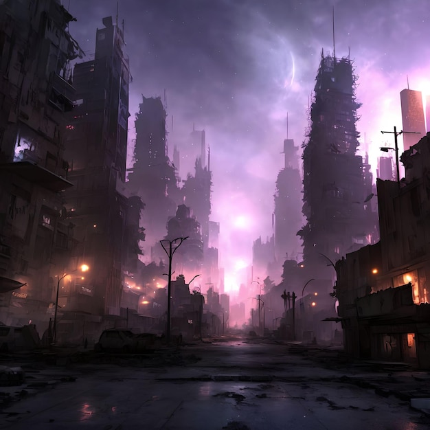 Post Apocalypse city at night generative art by AI