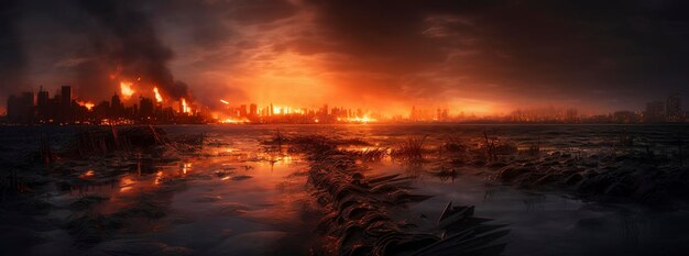 Post apocalypse Nuclear apocalypse survivor Ruined Cityscape Concept Banner size Header A nuclear explosion in the center of the metropolis The beginning of apocalyptic generate ai