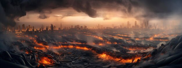 Post apocalypse Nuclear apocalypse survivor Ruined Cityscape Concept Banner size Header A nuclear explosion in the center of the metropolis The beginning of apocalyptic generate ai