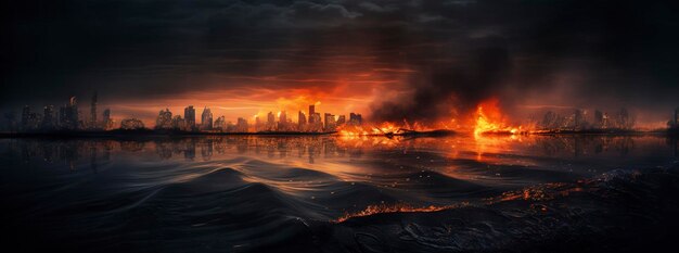 Post apocalypse Nuclear apocalypse survivor Ruined Cityscape Concept Banner size Header A nuclear explosion in the center of the metropolis The beginning of apocalyptic generate ai