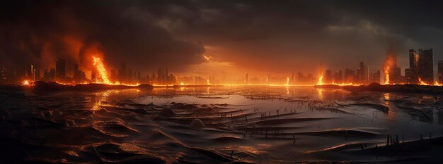 Post apocalypse Nuclear apocalypse survivor Ruined Cityscape Concept Banner size Header A nuclear explosion in the center of the metropolis The beginning of apocalyptic generate ai