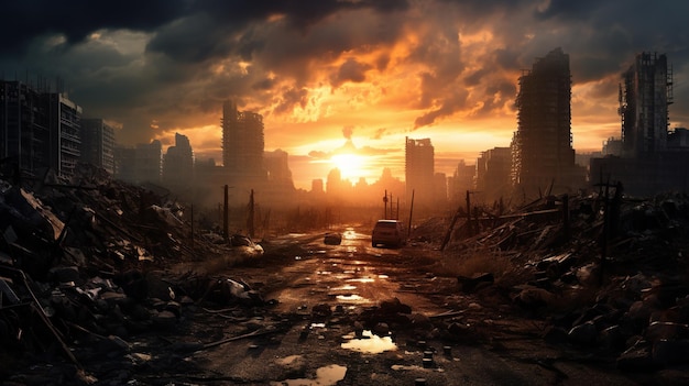 Post apocalypse view apocalyptic scene of destroyed city at sunset generative AI Futuristic urban landscape with rubble and ruins of buildings Concept of destruction battlefield future zombie