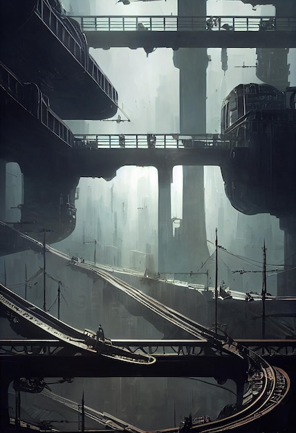 Post apocalyptic cinematic dieselpunk metropolis futuristic architecture high density buildings tunnelstrains elevated bridges people everywhere walking AI Neural Network Computer Generated Art