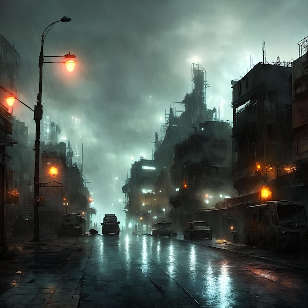 Post apocalyptic city at raining night generative art by AI