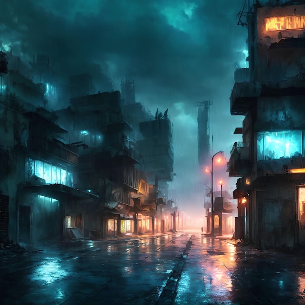 Post apocalyptic city at raining night generative art by AI