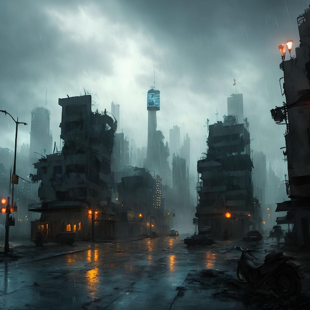 Post apocalyptic city at raining night generative art by AI