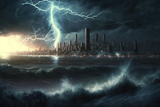 Post apocalyptic landscape with storm lightning lightning waves and city Generative AI