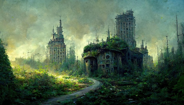 Post-apocalyptic ruins with nature concept art illustration