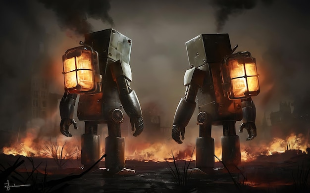 2つのロボットとのポストアポカリプスシーン