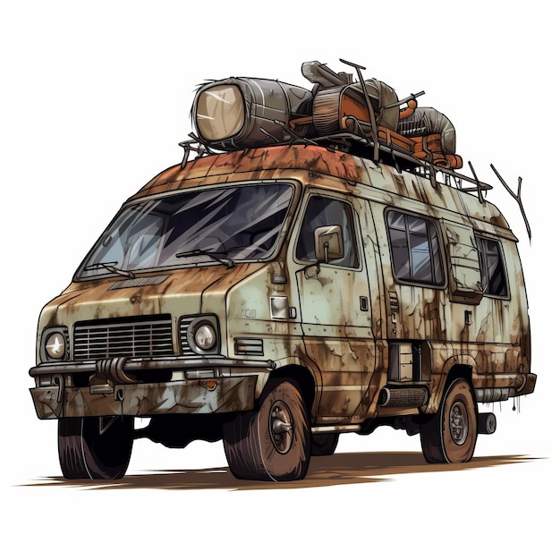Post-apocalyptische bezorgwagen illustratie op witte achtergrond