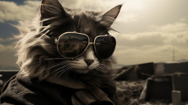 Foto post-apocalyptische kat met zonnebril uhd zilver en bruin beeld