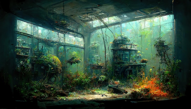 Post-apocalyptische kleurrijke gewelf aquarium concept kunst illustratie