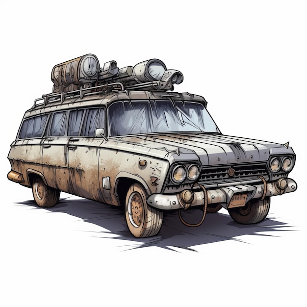 Post-apocalyptische limousine illustratie op witte achtergrond