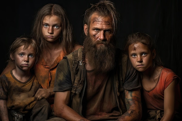 Post-Apocalyptische overlevende familie Een groep vuile en gescheurde mensen na een ramp