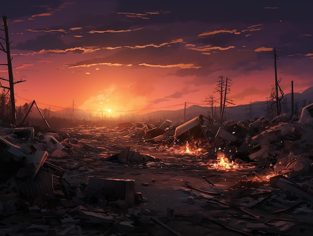 Post-Apocalyptische scène Verlaten vuilnis en zonsondergang Explosie in een verlaten stad
