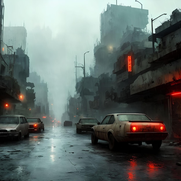 Post-apocalyptische stad bij regenende nacht generatieve kunst door AI