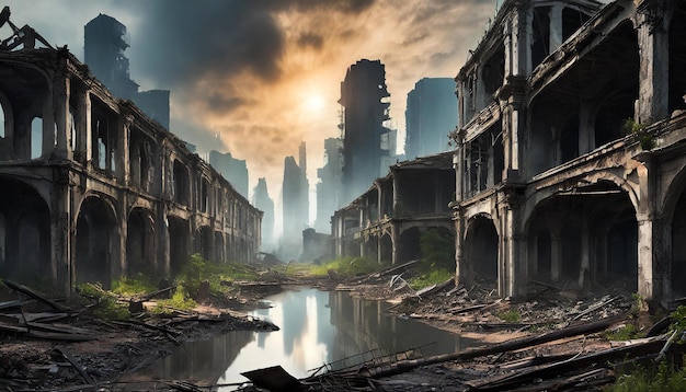Post-apocalyptische verwoeste stad Verwoeste gebouwen en verwoeste wegen Vernietiging en verval