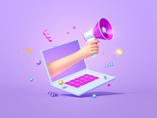 Post information alert from hand with megaphone or loudspeaker on a laptop 3d render