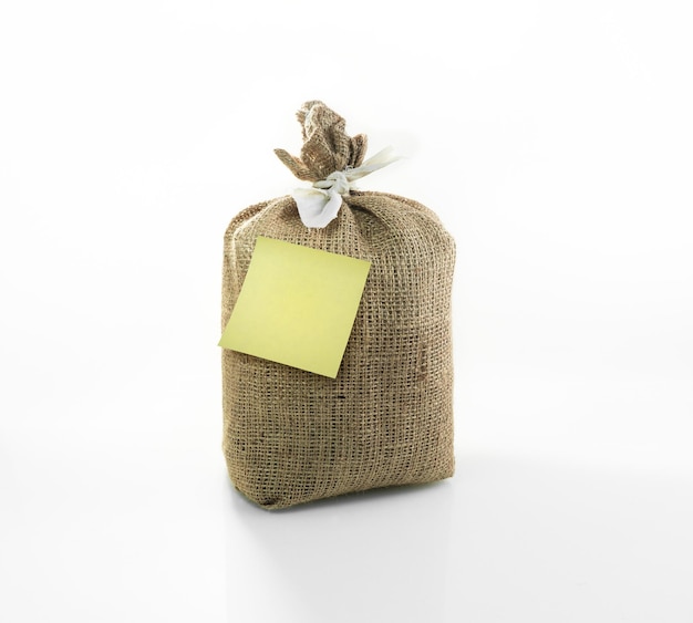 post it label on  Brown burlap sack