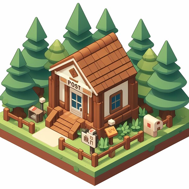 Post office forest wooden building 3d isometric design for game and mapping