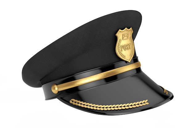 Post Officer Postman Hat with Golden Badge on a white background. 3d Rendering