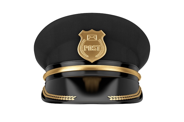 Post Officer Postman Hat with Golden Badge on a white background. 3d Rendering