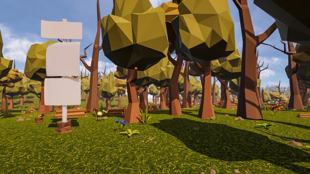 a post with three white panels in a natural setting between desert and forest in low poly 3d render