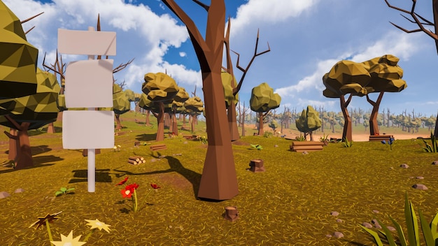 a post with three white panels in a natural setting between desert and forest in low poly 3d render