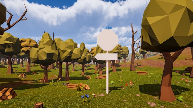 a post with two white panels a round one and a direction in a natural setting between desert and forest in low poly 3d render