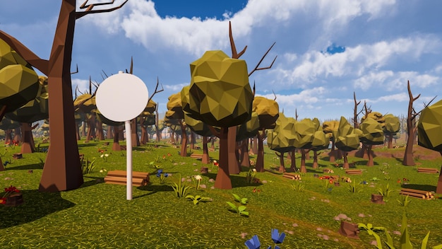 A post with a white round panel in a natural setting between desert and forest in low poly 3d render