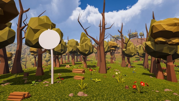 a post with a white round panel in a natural setting between desert and forest in low poly 3d render