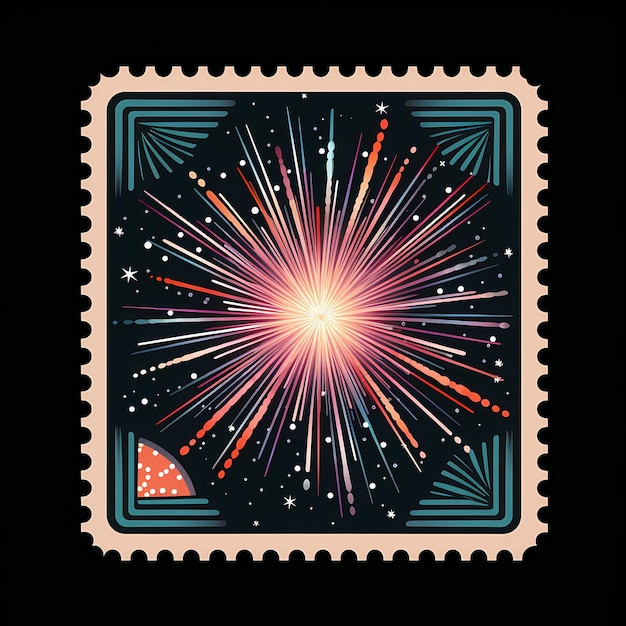 postage stamp flat illustration fireworks ai generated