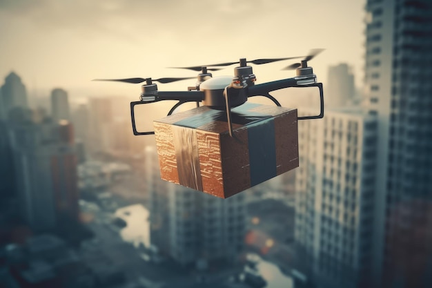 Photo postal drone the drone carries a cardboard box illustration of a package drone technology