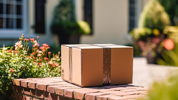 Photo postal service home delivery and online shopping parcel box on a house doorstep in the countryside postprocessed generative ai