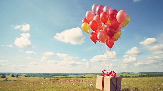 Postal service shop delivery and online shopping flying balloons carrying a parcel box in the countryside on a sunny day generative ai