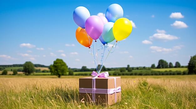 Postal service shop delivery and online shopping flying balloons carrying a parcel box in the countryside on a sunny day postprocessed generative ai