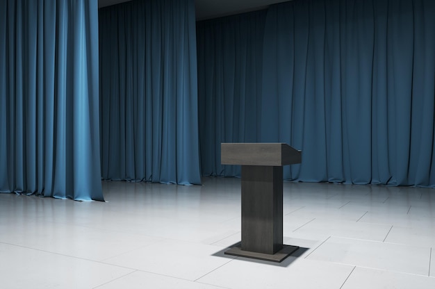 Photo a postament on the empty stage with blue curtains and concrete floor standup and speech concept 3d rendering