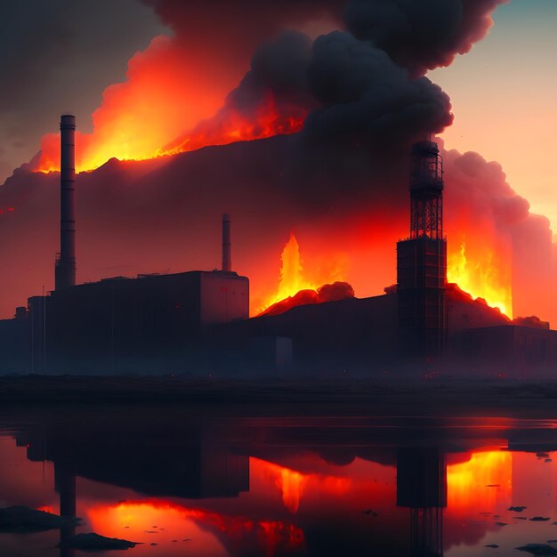 Postapocalyptic burning buildings cityscape Inferno industrial urban remains Fire hell storm