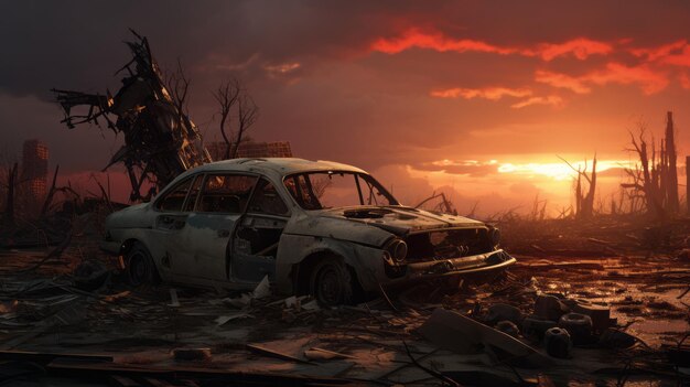 Postapocalyptic Car In A Destroyed City At Sunset