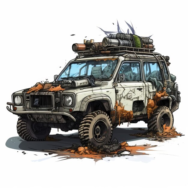 Photo postapocalyptic car illustration with detailed equipment